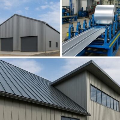 Industrial building featuring roll-formed steel roof and façade systems, CNC-controlled steel production line, and energy-efficient metal cladding panels.